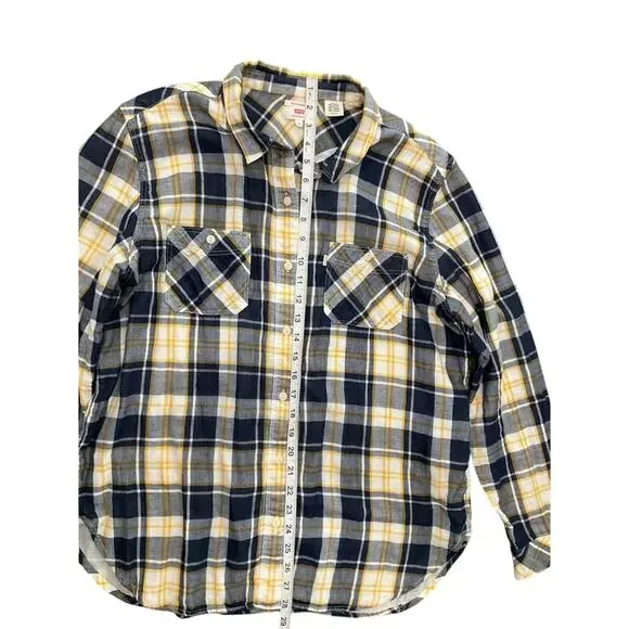 Levi’s Women's Boyfriend Fit Blue Yellow Plaid Button-Up Cotton Shirt Size XL - Picture 4 of 8